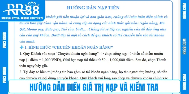 Hướng dẫn điền giá trị nạp và kiểm tra